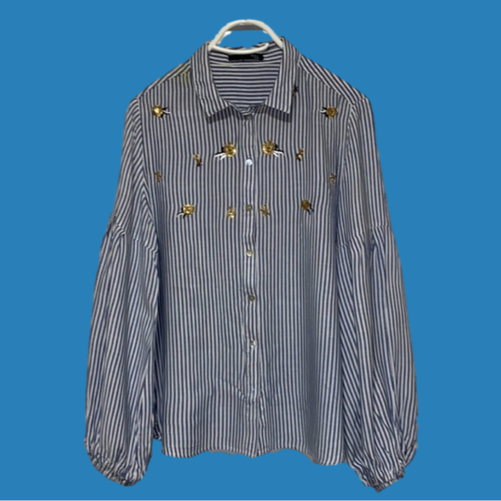 Long sleeve golden flower,striped  blouse, light material